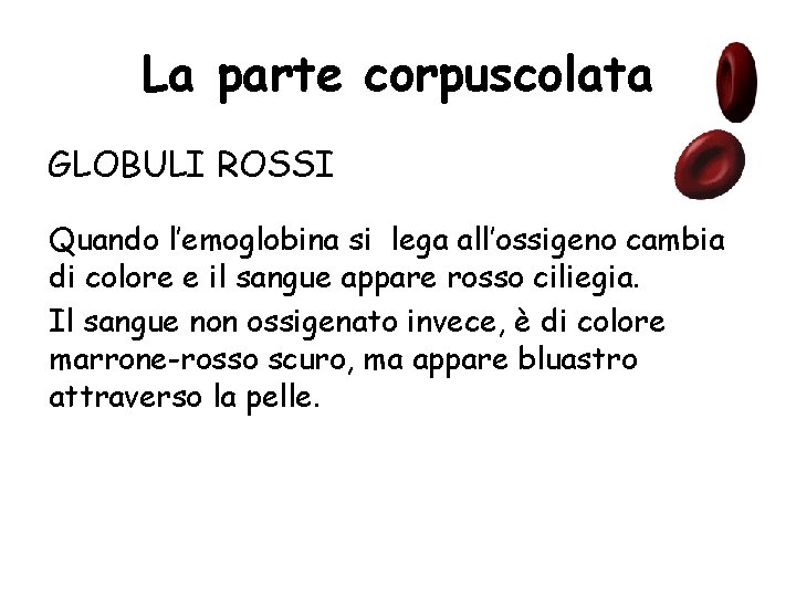 La parte corpuscolata GLOBULI ROSSI Quando l’emoglobina si lega all’ossigeno cambia di colore e