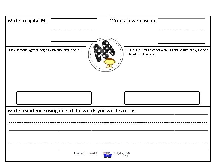 Write a capital M. Draw something that begins with /m/ and label it. Write