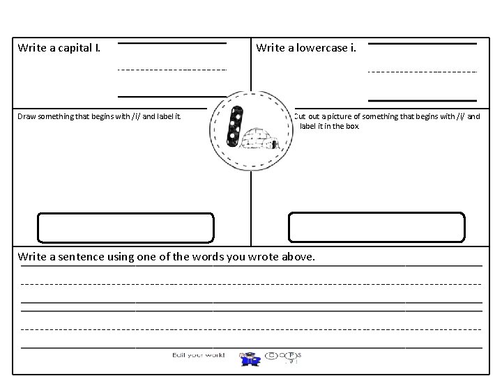 Write a capital I. Draw something that begins with /i/ and label it. Write