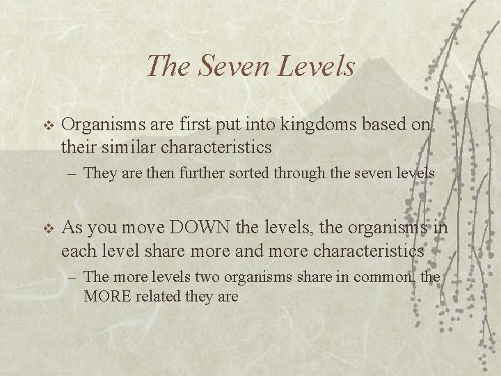 The Seven Levels v Organisms are first put into kingdoms based on their similar