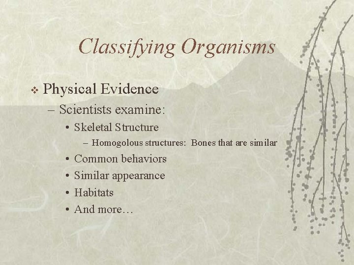 Classifying Organisms v Physical Evidence – Scientists examine: • Skeletal Structure – Homogolous structures:
