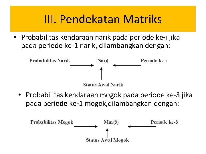 III. Pendekatan Matriks • Probabilitas kendaraan narik pada periode ke-i jika pada periode ke-1