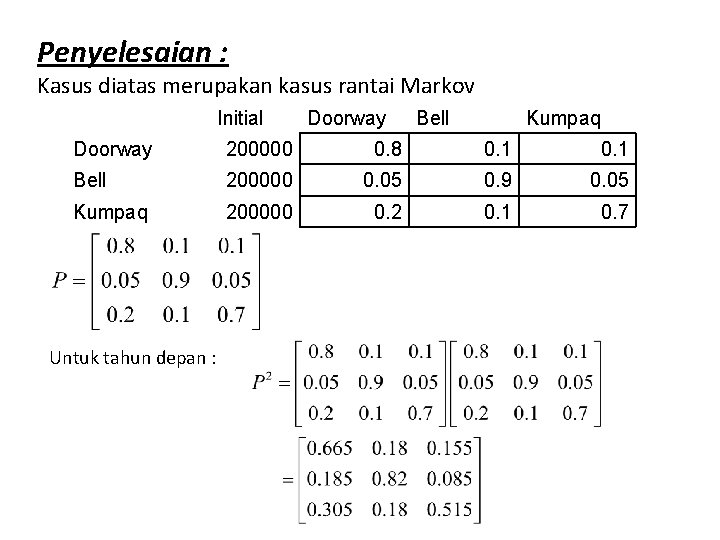 Penyelesaian : Kasus diatas merupakan kasus rantai Markov Initial Doorway Bell Kumpaq Doorway 200000