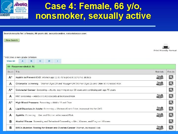 Case 4: Female, 66 y/o, nonsmoker, sexually active Case 4: Female, 66 y/o, nonsmoker, sexually active