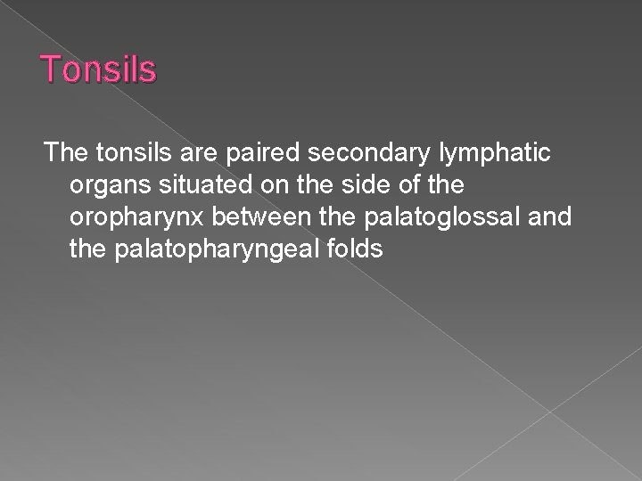 Tonsils The tonsils are paired secondary lymphatic organs situated on the side of the