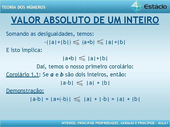 TEORIA DOS NÚMEROS VALOR ABSOLUTO DE UM INTEIRO Somando as desigualdades, temos: -(|a|+|b|) (a+b)