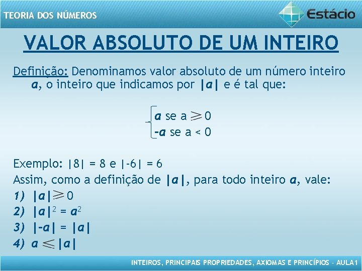 TEORIA DOS NÚMEROS VALOR ABSOLUTO DE UM INTEIRO Definição: Denominamos valor absoluto de um