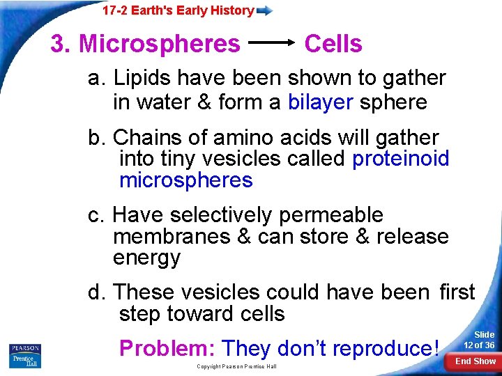 17 -2 Earth's Early History 3. Microspheres Cells a. Lipids have been shown to
