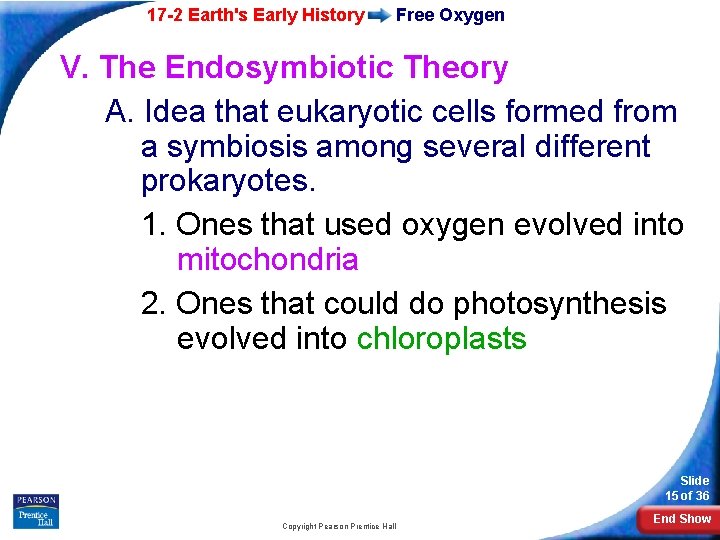 17 -2 Earth's Early History Free Oxygen V. The Endosymbiotic Theory A. Idea that