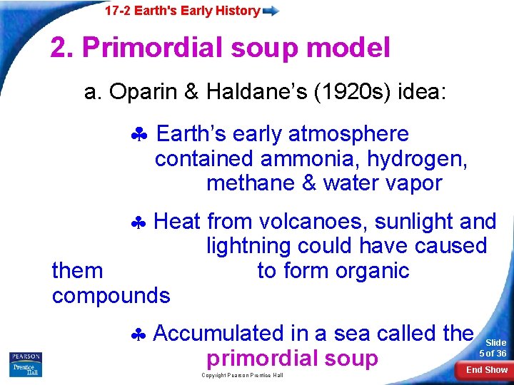 17 -2 Earth's Early History 2. Primordial soup model a. Oparin & Haldane’s (1920