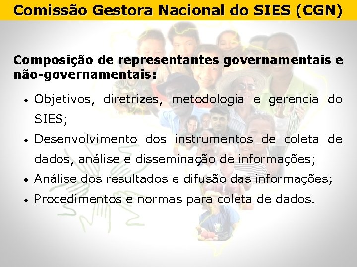 Comissão Gestora Nacional do SIES (CGN) Composição de representantes governamentais e não-governamentais: • Objetivos,