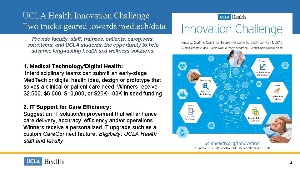UCLA Health Innovation Challenge Two tracks geared towards medtech/data Provide faculty, staff, trainees, patients, UCLA Health Innovation Challenge Two tracks geared towards medtech/data Provide faculty, staff, trainees, patients,