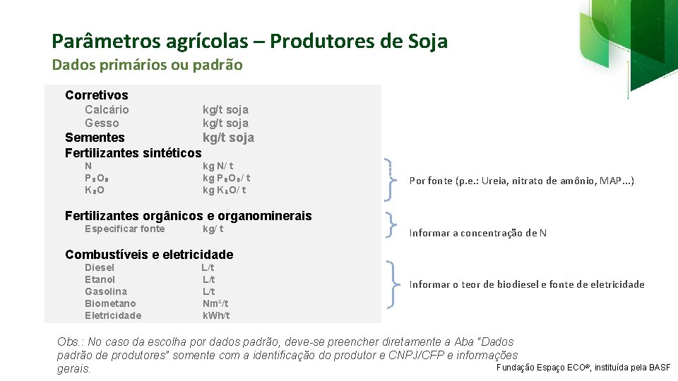 Parâmetros agrícolas – Produtores de Soja Dados primários ou padrão Corretivos Calcário Gesso kg/t