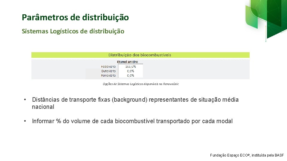 Parâmetros de distribuição Sistemas Logísticos de distribuição Opções de Sistemas Logísticos disponíveis na Renova.