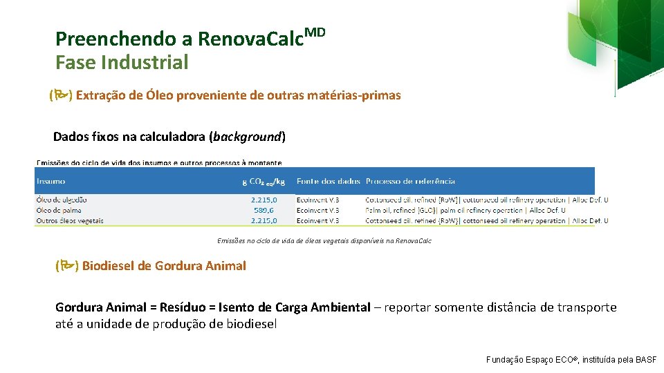 Preenchendo a Renova. Calc. MD Fase Industrial ( ) Extração de Óleo proveniente de