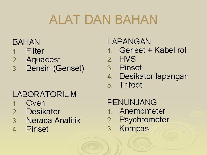 ALAT DAN BAHAN 1. Filter 2. Aquadest 3. Bensin (Genset) LABORATORIUM 1. Oven 2.