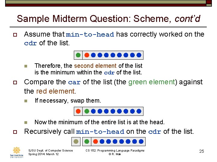 Sample Midterm Question: Scheme, cont’d o Assume that min-to-head has correctly worked on the