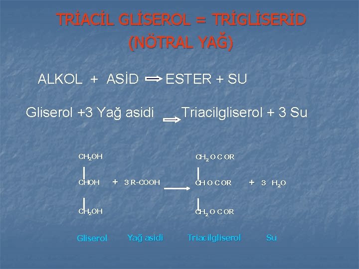TRİACİL GLİSEROL = TRİGLİSERİD (NÖTRAL YAĞ) ALKOL + ASİD Gliserol +3 Yağ asidi CH TRİACİL GLİSEROL = TRİGLİSERİD (NÖTRAL YAĞ) ALKOL + ASİD Gliserol +3 Yağ asidi CH