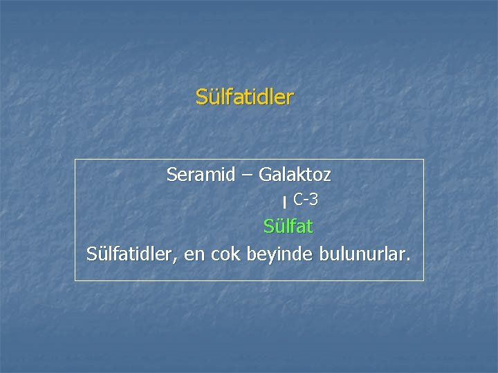 Sülfatidler Seramid – Galaktoz C-3 Sülfatidler, en cok beyinde bulunurlar. Sülfatidler Seramid – Galaktoz C-3 Sülfatidler, en cok beyinde bulunurlar.