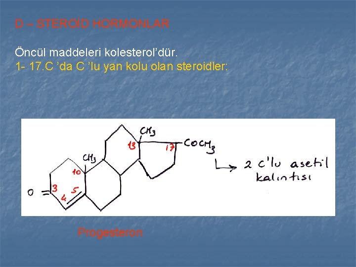 D – STEROİD HORMONLAR Öncül maddeleri kolesterol’dür. 1 - 17. C ’da C ’lu D – STEROİD HORMONLAR Öncül maddeleri kolesterol’dür. 1 - 17. C ’da C ’lu