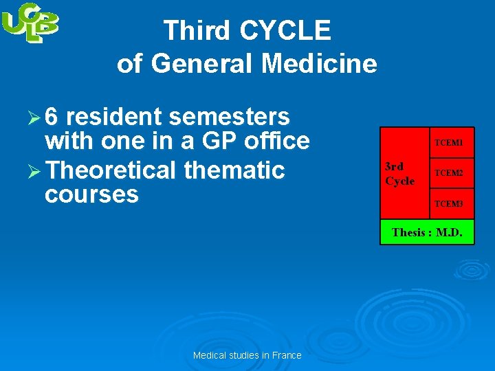 Third CYCLE of General Medicine Ø 6 resident semesters with one in a GP