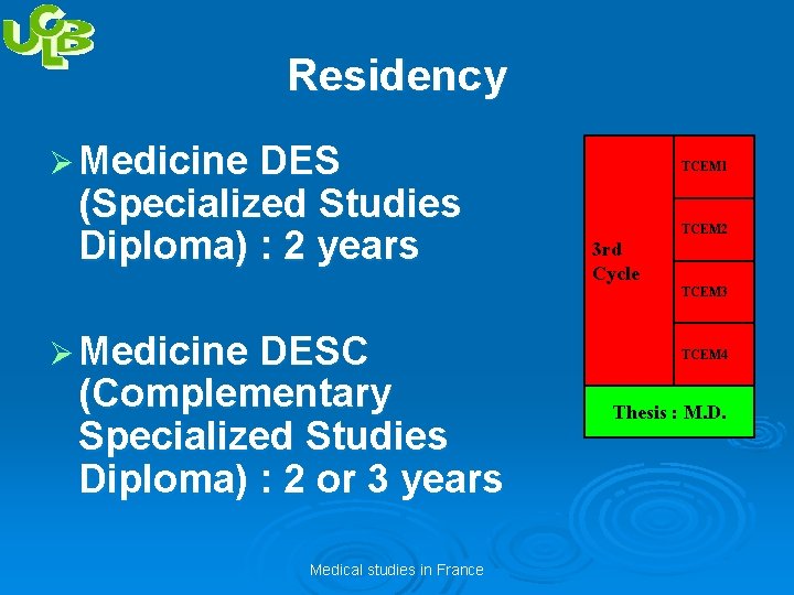 Residency Ø Medicine DES (Specialized Studies Diploma) : 2 years TCEM 1 TCEM 2
