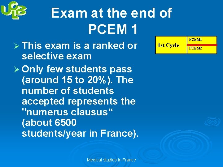 Exam at the end of PCEM 1 Ø This exam is a ranked or