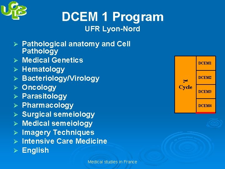 DCEM 1 Program UFR Lyon-Nord Ø Ø Ø Pathological anatomy and Cell Pathology Medical