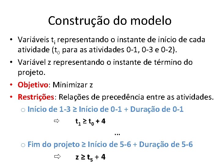 Construção do modelo • Variáveis ti representando o instante de início de cada atividade