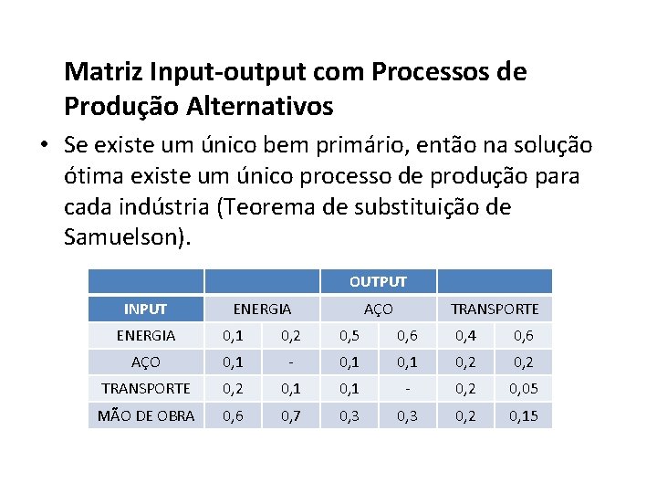 Matriz Input-output com Processos de Produção Alternativos • Se existe um único bem primário,