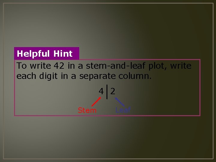 Helpful Hint To write 42 in a stem-and-leaf plot, write each digit in a
