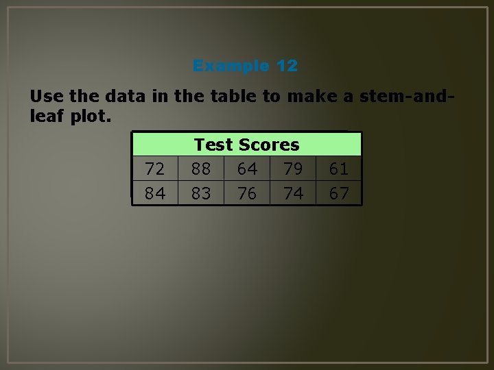 Example 12 Use the data in the table to make a stem-andleaf plot. 72