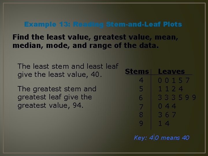 Example 13: Reading Stem-and-Leaf Plots Find the least value, greatest value, mean, median, mode,