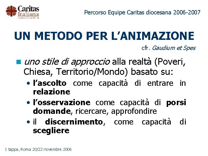 Percorso Equipe Caritas diocesana 2006 -2007 UN METODO PER L’ANIMAZIONE cfr. Gaudium et Spes