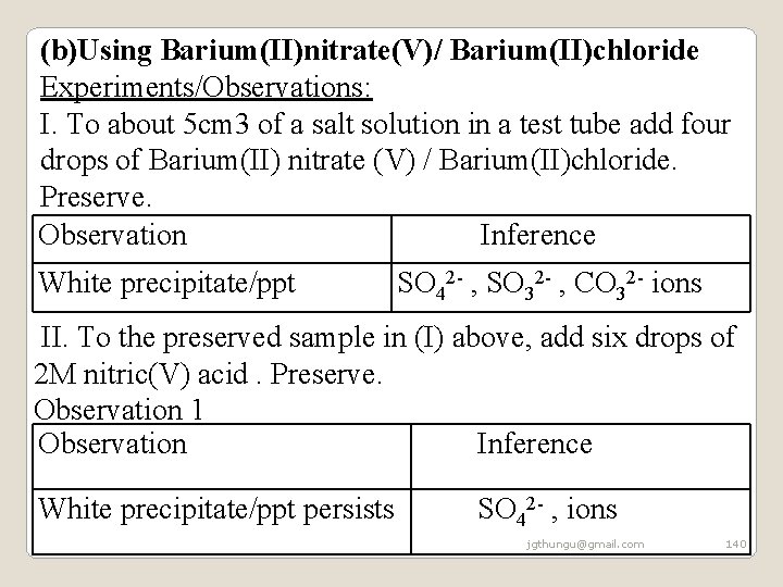 (b)Using Barium(II)nitrate(V)/ Barium(II)chloride Experiments/Observations: I. To about 5 cm 3 of a salt solution (b)Using Barium(II)nitrate(V)/ Barium(II)chloride Experiments/Observations: I. To about 5 cm 3 of a salt solution