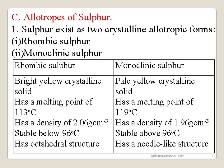 C. Allotropes of Sulphur. 1. Sulphur exist as two crystalline allotropic forms: (i)Rhombic sulphur C. Allotropes of Sulphur. 1. Sulphur exist as two crystalline allotropic forms: (i)Rhombic sulphur