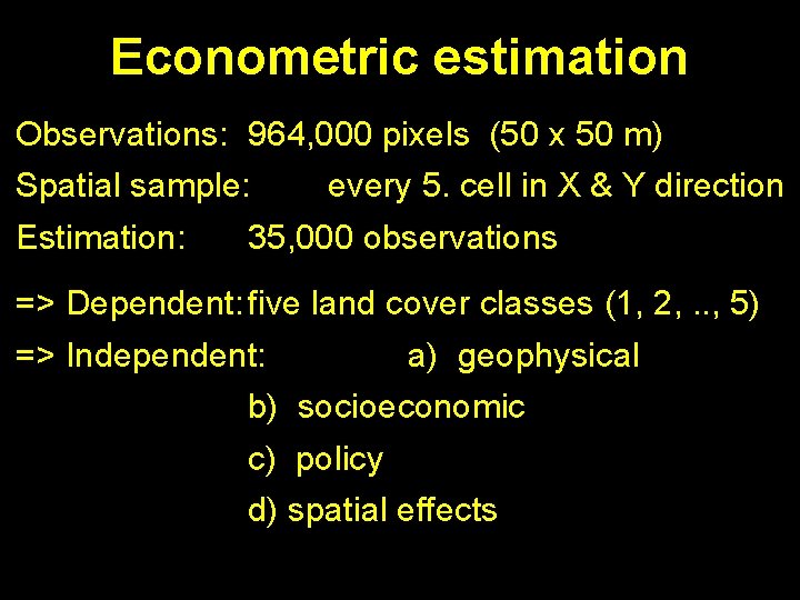 Econometric estimation Observations: 964, 000 pixels (50 x 50 m) Spatial sample: every 5.