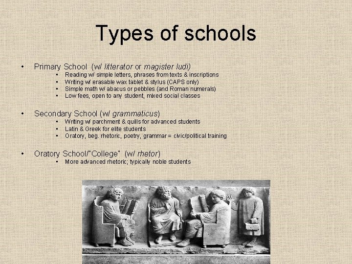 Types of schools • Primary School (w/ litterator or magister ludi) • • •
