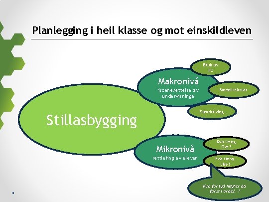 Planlegging i heil klasse og mot einskildleven Bruk av PC Makronivå iscenesettelse av undervisninga