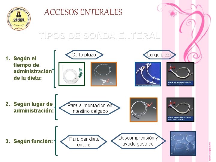 ACCESOS ENTERALES TIPOS DE SONDA ENTERAL 1. Según el tiempo de administración de la