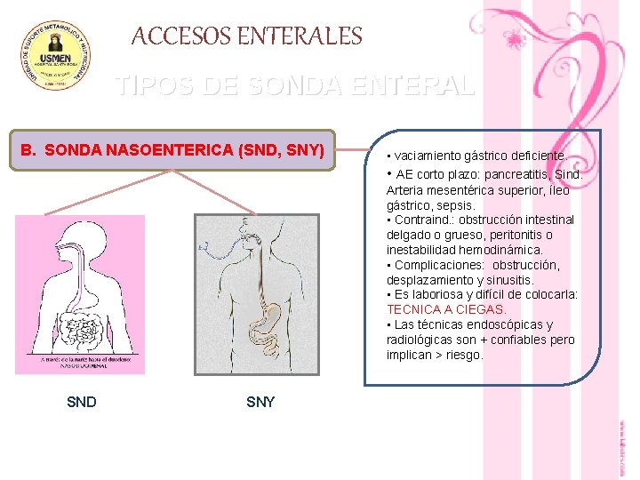 ACCESOS ENTERALES TIPOS DE SONDA ENTERAL B. SONDA NASOENTERICA (SND, SNY) SND SNY •