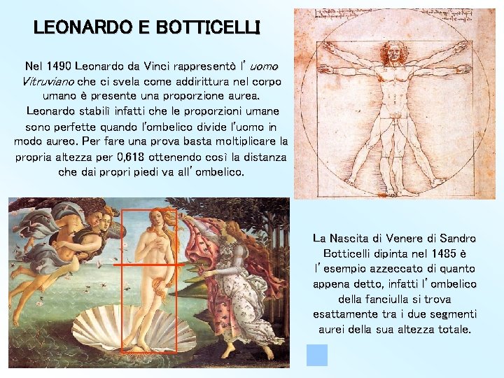 LEONARDO E BOTTICELLI Nel 1490 Leonardo da Vinci rappresentò l’uomo Vitruviano che ci svela