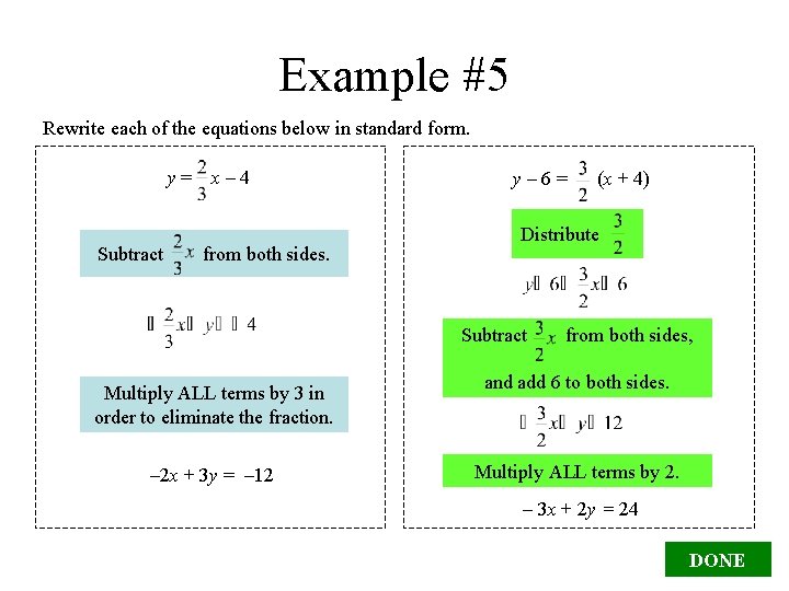 Example #5 Rewrite each of the equations below in standard form. y= Subtract x–