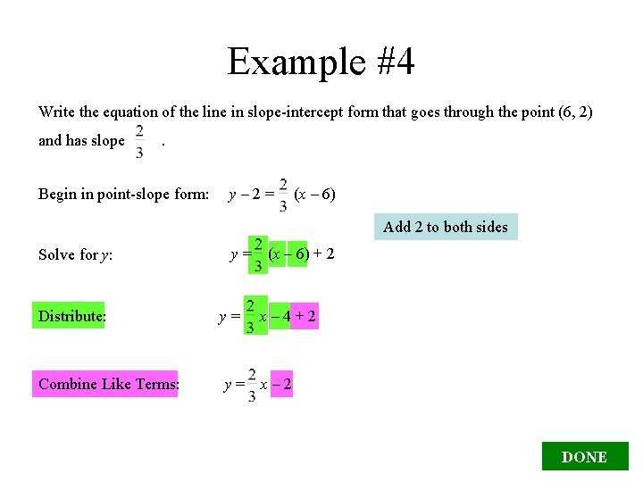 Example #4 Write the equation of the line in slope-intercept form that goes through