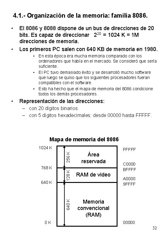 4. 1. - Organización de la memoria: familia 8086. • • El 8086 y