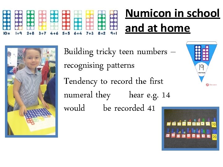 Numicon in school and at home Building tricky teen numbers – recognising patterns Tendency