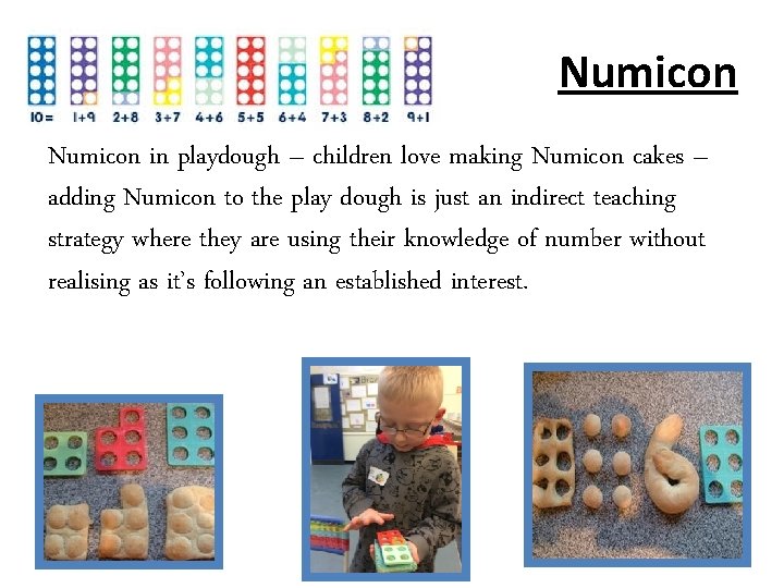 Numicon in playdough – children love making Numicon cakes – adding Numicon to the