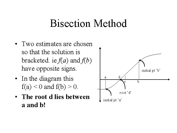 Bisection Method • Two estimates are chosen so that the solution is bracketed. ie