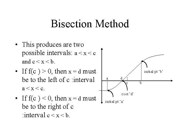 Bisection Method • This produces are two possible intervals: a < x < c