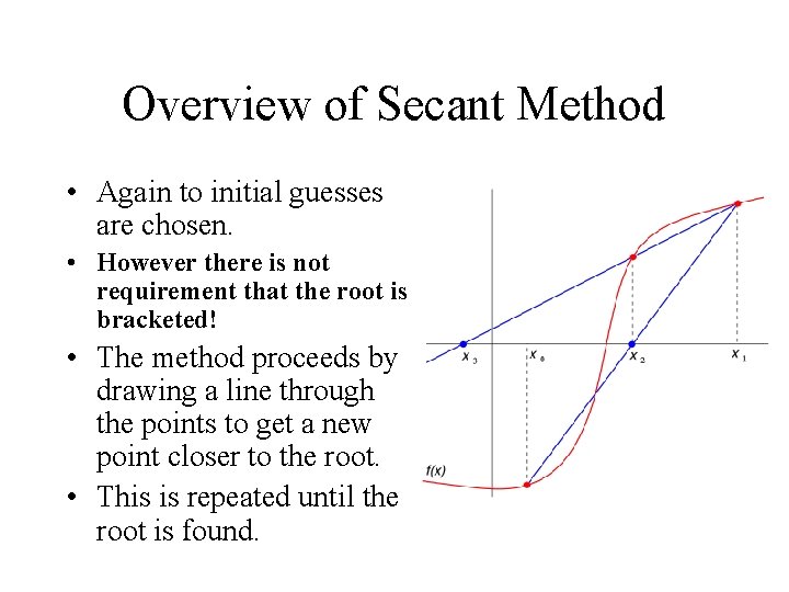 Overview of Secant Method • Again to initial guesses are chosen. • However there